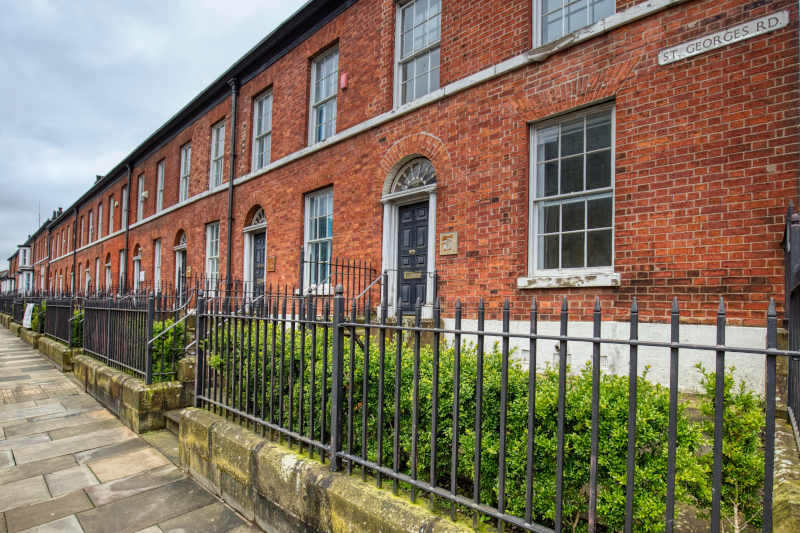 Image of a street in Chesterfield with the Crooked Spire in the background
