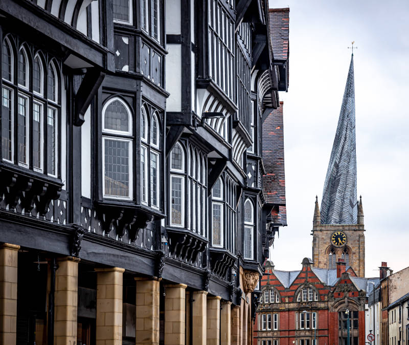Image of a street in Chesterfield with the Crooked Spire in the background